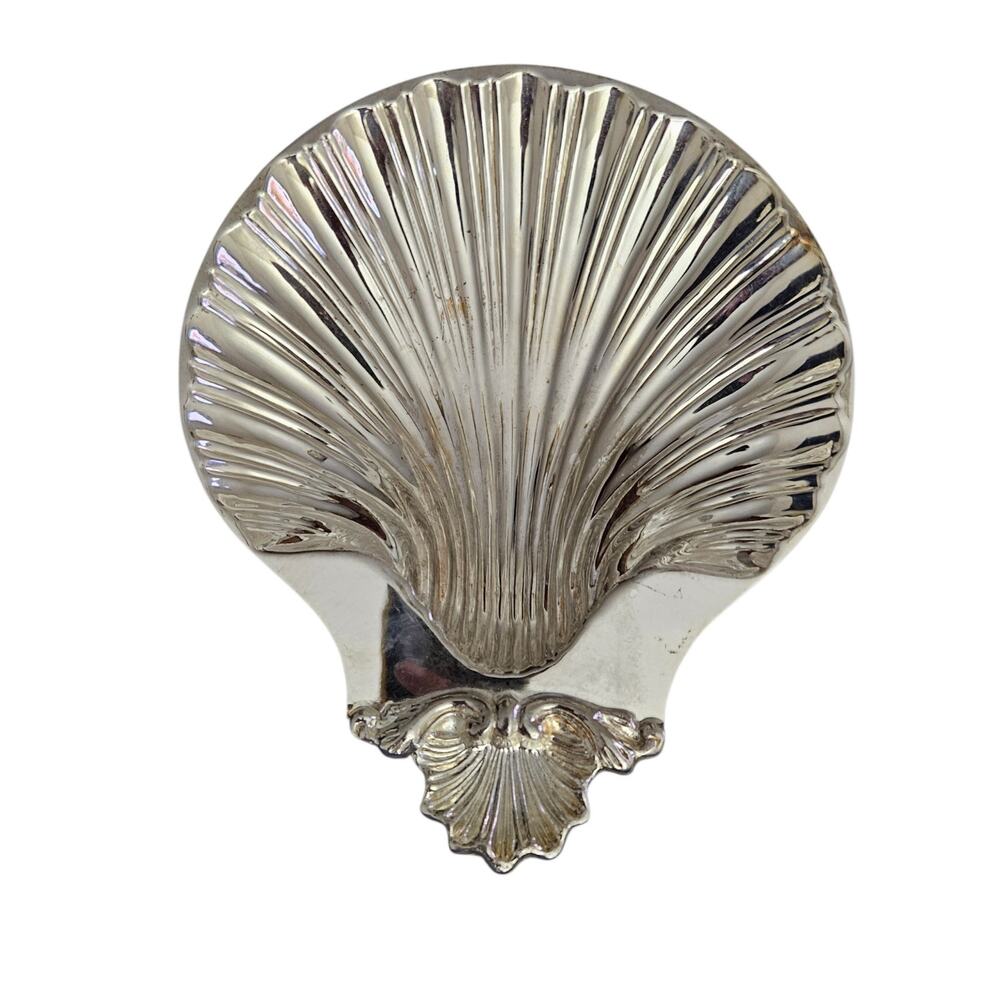 Vintage Silver Tone Scallop Shell Footed Serving Dish Coastal Metal Decor